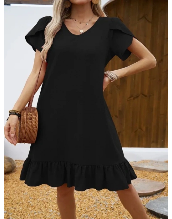 Kadın Kısa Kollu Bisiklet Yaka Fırfırlı Aerobin Elbise