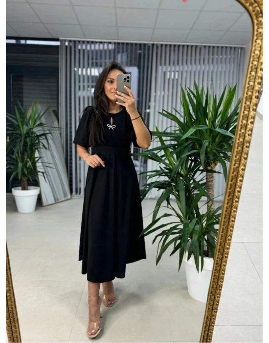 Kadın Kısa Kollu Bisiklet Yaka Fiyonk Broşlu Midi Janjan Krep Elbise