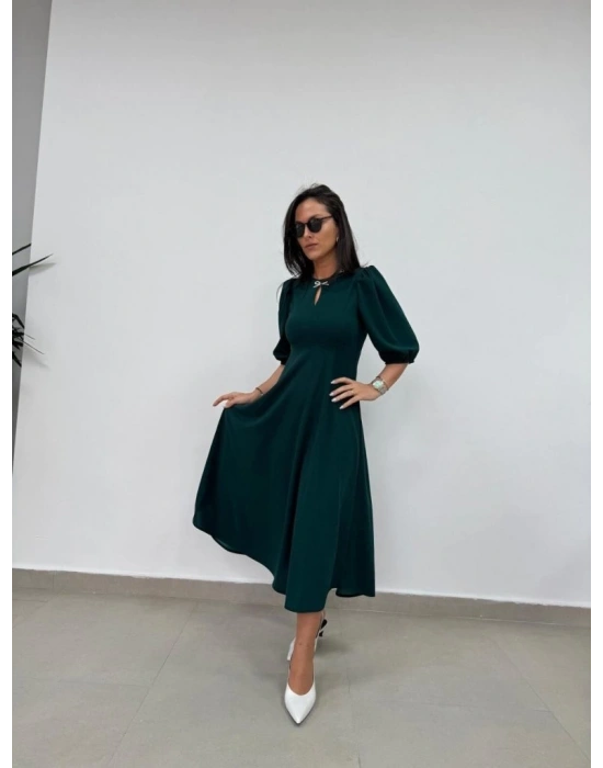 Kadın Kısa Kollu Bisiklet Yaka Fiyonk Broşlu Midi Janjan Krep Elbise