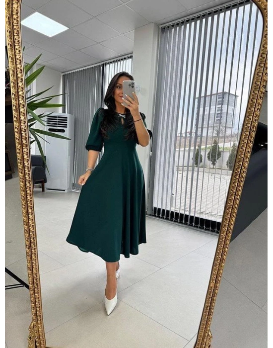 Kadın Kısa Kollu Bisiklet Yaka Fiyonk Broşlu Midi Janjan Krep Elbise