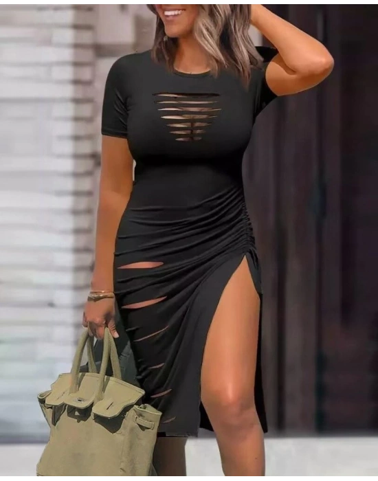 Kadın Kısa Kollu Bisiklet Yaka Göğüste Ve Bacakta Kesik Detay Büzgülü Yırtmaç Detay Viskon Elbise