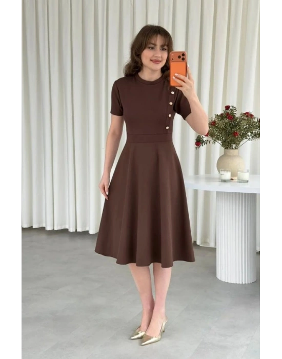 Kadın Kısa Kollu Bisiklet Yaka Gold Düğme Detay idi Boy Elbise