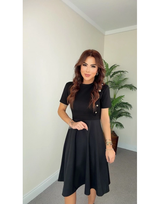 Kadın Kısa Kollu Bisiklet Yaka Gold Düğme Detay Midi Boy Elbise