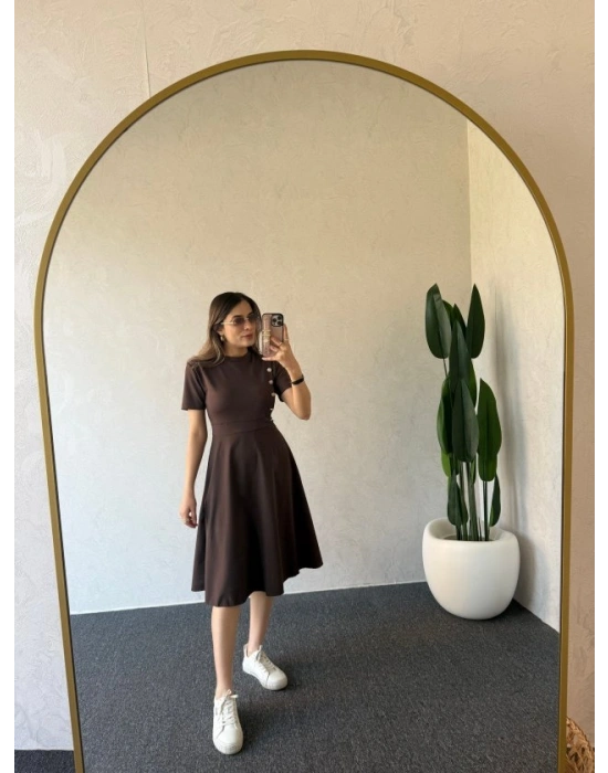 Kadın Kısa Kollu Bisiklet Yaka Gold Düğme Detay idi Boy Elbise