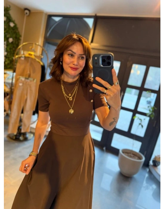 Kadın Kısa Kollu Bisiklet Yaka Gold Düğme Detay idi Boy Elbise