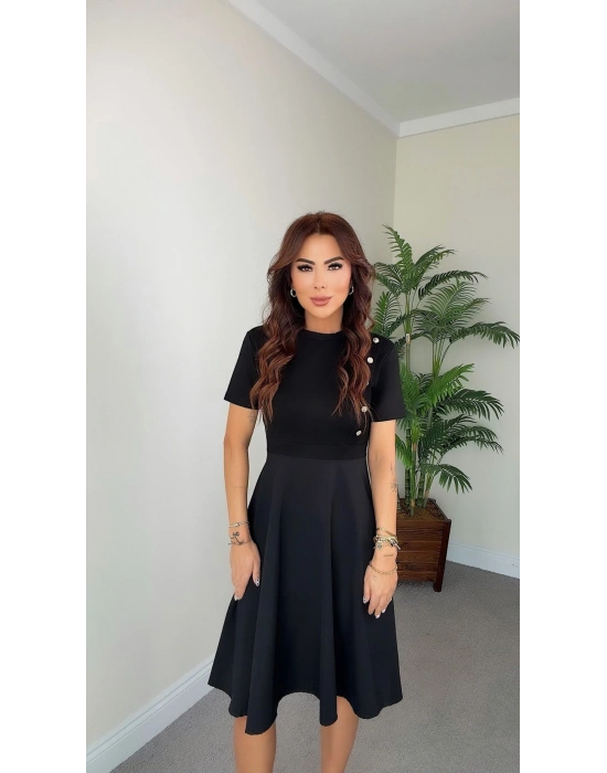 Kadın Kısa Kollu Bisiklet Yaka Gold Düğme Detay Midi Boy Elbise