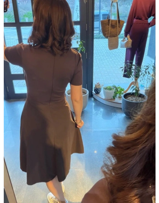 Kadın Kısa Kollu Bisiklet Yaka Gold Düğme Detay idi Boy Elbise