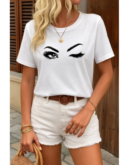 Kadın Kısa Kollu Bisiklet Yaka Göz Baskılı Süprem Tshirt