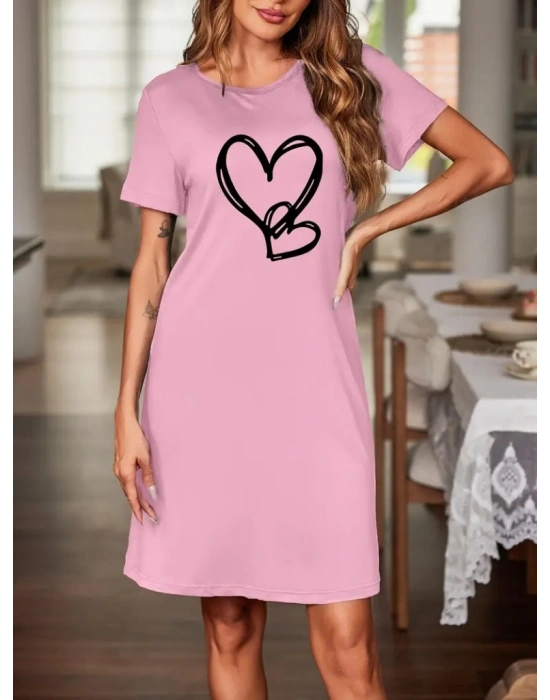 Kadın Kısa Kollu Bisiklet Yaka Kalp Desenli Viskon Elbise