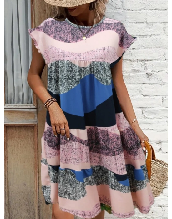 Kadın Kısa Kollu Bisiklet Yaka Kare Desenli Süprem Elbise