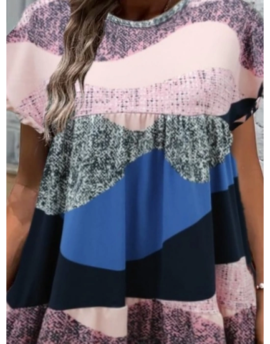 Kadın Kısa Kollu Bisiklet Yaka Kare Desenli Süprem Elbise