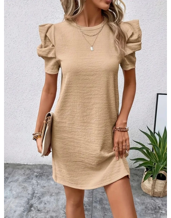 Kadın Kısa Kollu Bisiklet Yaka Karpuz Kol Krep Elbise