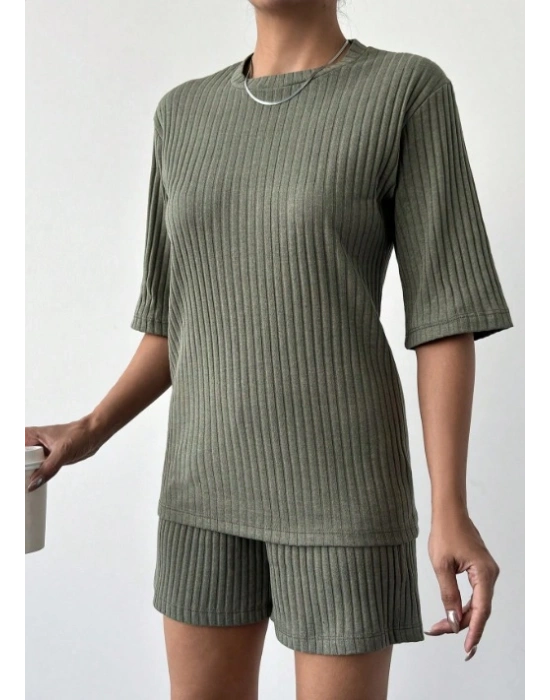 Kadın Kısa Kollu Bisiklet Yaka Kaşkorse Bluz şort Ikili Takım