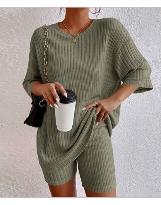 Kadın Kısa Kollu Bisiklet Yaka Kaşkorse Bluz şort Ikili Takım