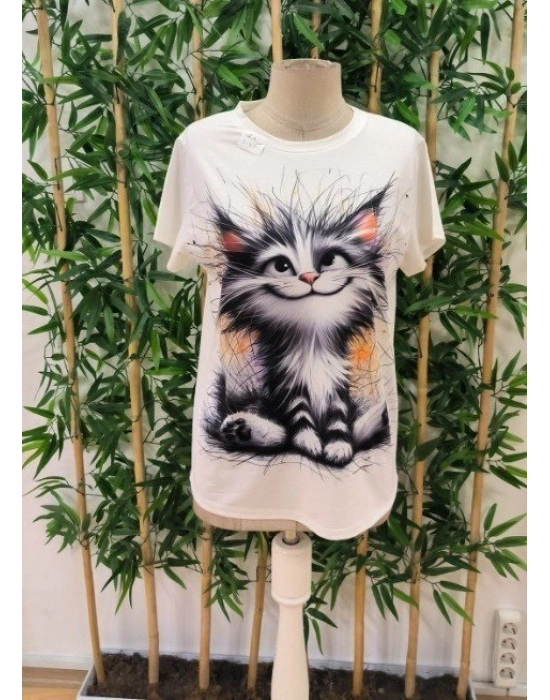Kadın Kısa Kollu Bisiklet Yaka Kedi Baskılı Süprem Bluz