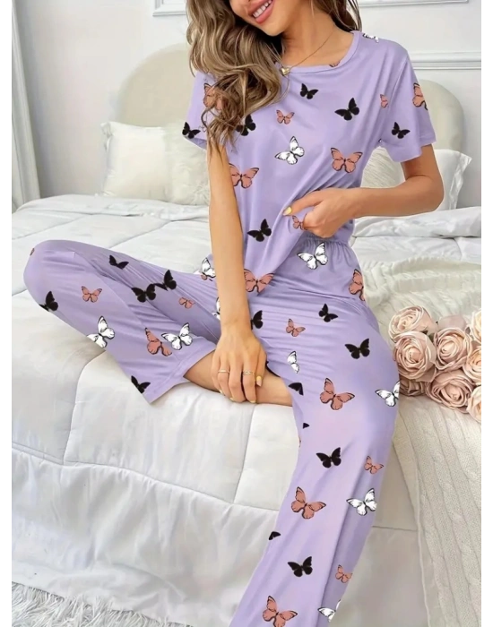 Kadın Kısa Kollu Bisiklet Yaka Kelebek Baskılı Süprem Ikili Takım