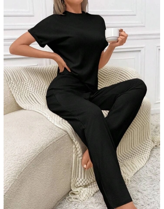 Kadın Kısa Kollu Bisiklet Yaka Kol Katlama Detay Kaşkorse Ikili Takım