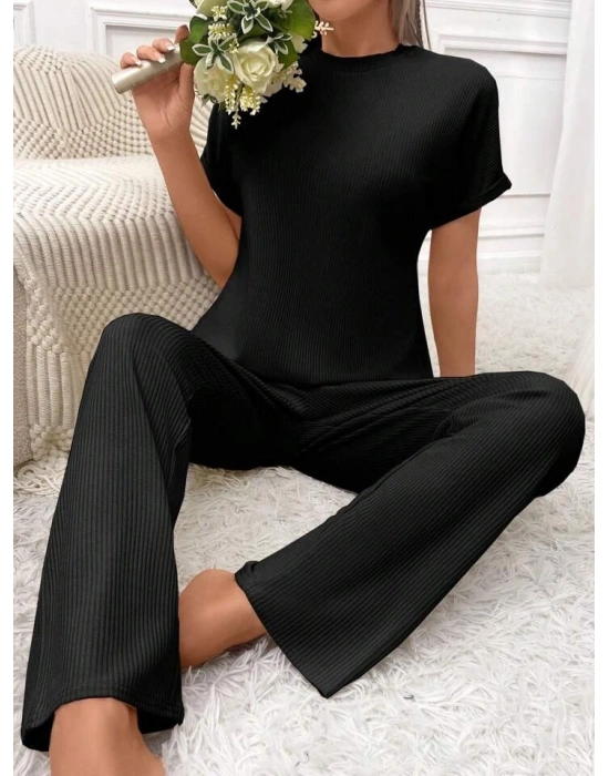 Kadın Kısa Kollu Bisiklet Yaka Kol Katlama Detay Kaşkorse Ikili Takım