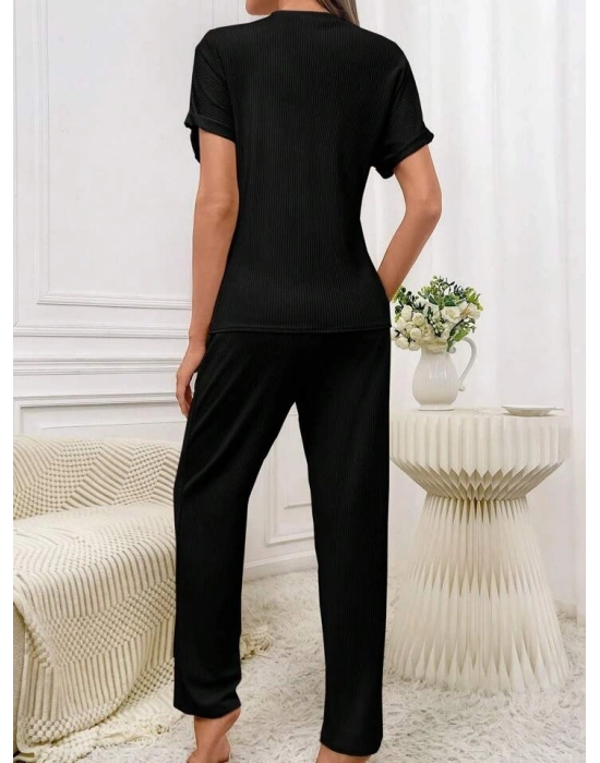 Kadın Kısa Kollu Bisiklet Yaka Kol Katlama Detay Kaşkorse Ikili Takım