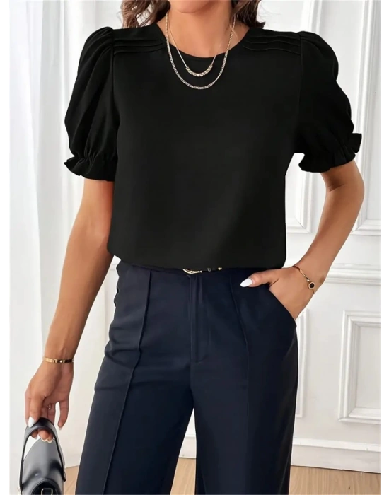 Kadın Kısa Kollu Bisiklet Yaka Kolları Gipeli Ithal Krep Bluz