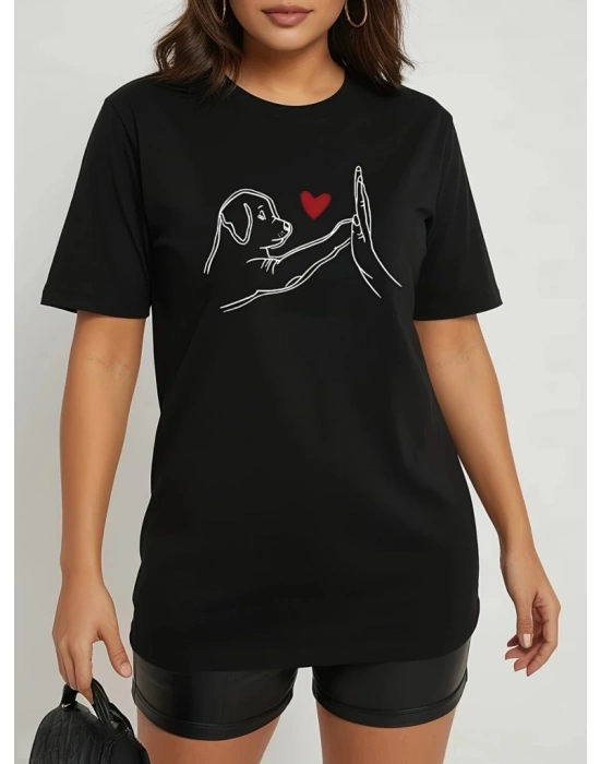 Kadın Kısa Kollu Bisiklet Yaka Köpek Baskılı Viskon Bluz