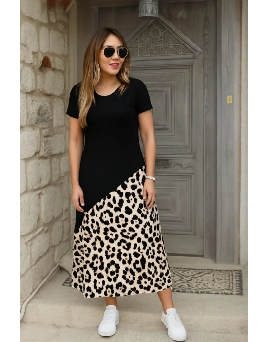 Kadın Kısa Kollu Bisiklet Yaka Leopar Detaylı Midi üst Viskon Alt Süprem Elbise