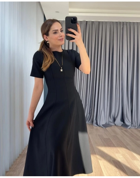 Kadın Kısa Kollu Bisiklet Yaka Maksi Boy Ithal Krep Elbise