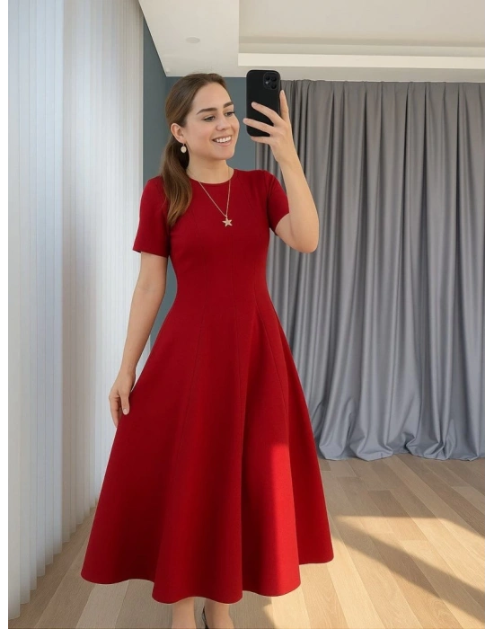 Kadın Kısa Kollu Bisiklet Yaka Maksi Boy Ithal Krep Elbise