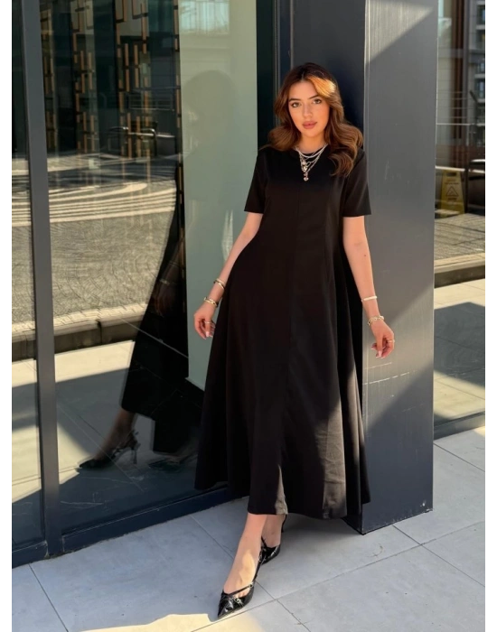 Kadın Kısa Kollu Bisiklet Yaka Maksi Boy Ithal Krep Elbise