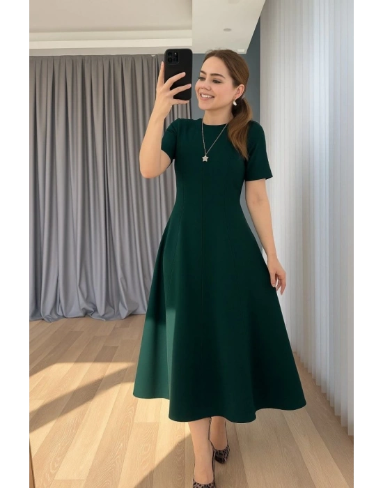Kadın Kısa Kollu Bisiklet Yaka Maksi Boy Ithal Krep Elbise