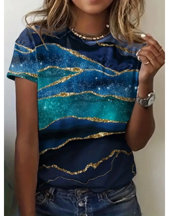 Kadın Kısa Kollu Bisiklet Yaka Mavili Dijital Sim Okyanus Desen Baskılı Sandy Bluz