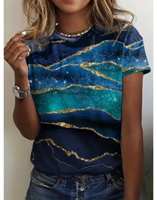 Kadın Kısa Kollu Bisiklet Yaka Mavili Dijital Sim Okyanus Desen Baskılı Sandy Bluz