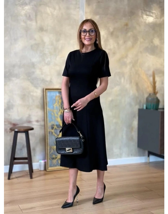 Kadın Kısa Kollu Bisiklet Yaka Midi Viskon Iki Iplik Elbise