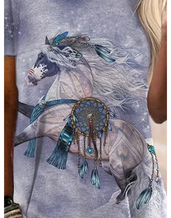 Kadın Kısa Kollu Bisiklet Yaka Mitolojik At Figür Baskılı Salaş Süprem Bluz