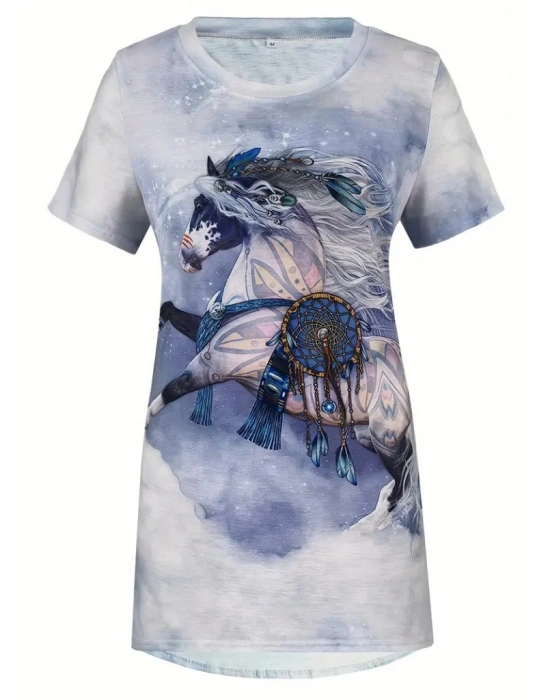 Kadın Kısa Kollu Bisiklet Yaka Mitolojik At Figür Baskılı Salaş Süprem Bluz