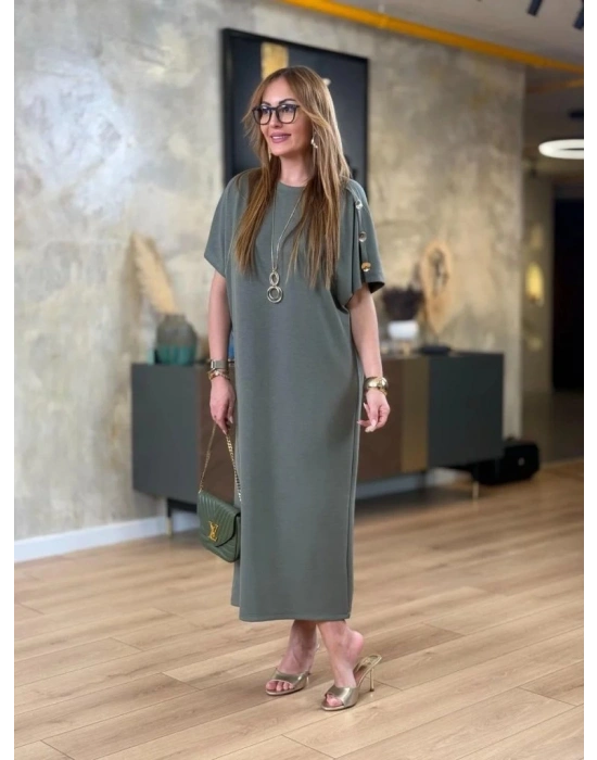 Kadın Kısa Kollu Bisiklet Yaka Omuzdan Düğmeli Uzun Viskon Iki Iplik Elbise