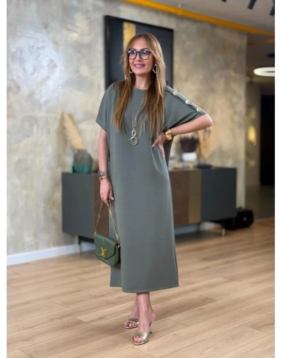 Kadın Kısa Kollu Bisiklet Yaka Omuzdan Düğmeli Uzun Viskon Iki Iplik Elbise