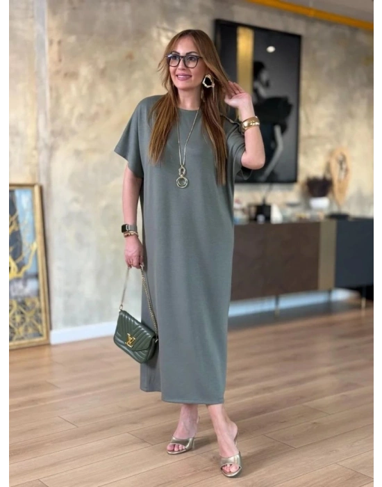 Kadın Kısa Kollu Bisiklet Yaka Omuzdan Düğmeli Uzun Viskon Iki Iplik Elbise