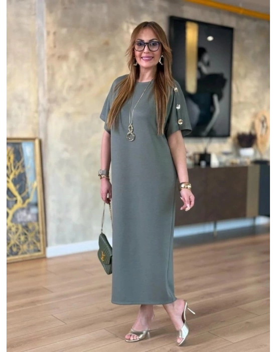 Kadın Kısa Kollu Bisiklet Yaka Omuzdan Düğmeli Uzun Viskon Iki Iplik Elbise