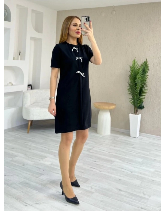 Kadın Kısa Kollu Bisiklet Yaka önden Fiyonk Detaylı Ithal Krep Elbise