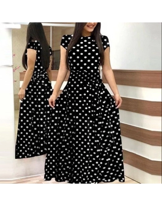 Kadın Kısa Kollu Bisiklet Yaka Puantiyeli Maksi örme Krep Elbise