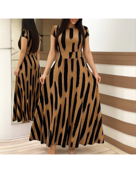 Kadın Kısa Kollu Bisiklet Yaka Puantiyeli Maksi örme Krep Elbise