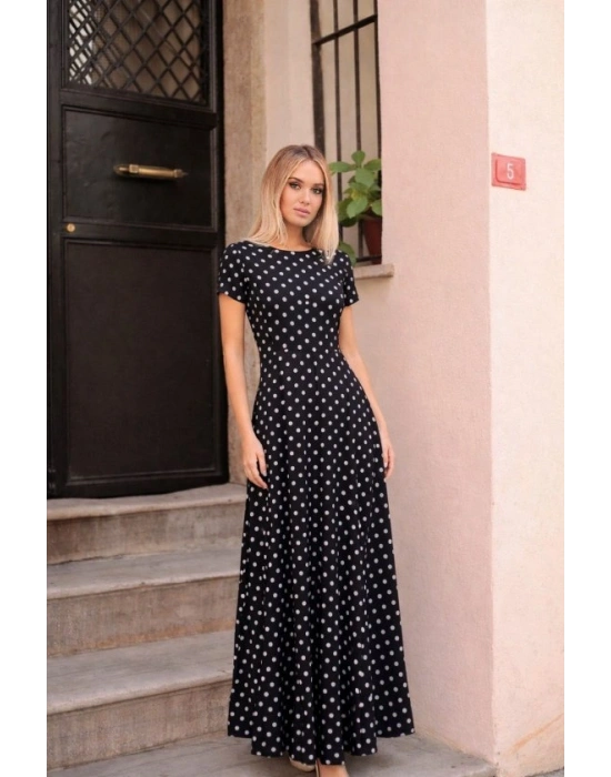 Kadın Kısa Kollu Bisiklet Yaka Puantiyeli Maksi örme Krep Elbise