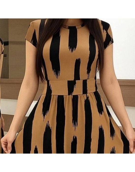 Kadın Kısa Kollu Bisiklet Yaka Puantiyeli Maksi örme Krep Elbise