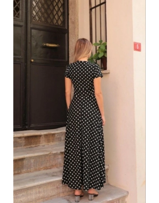 Kadın Kısa Kollu Bisiklet Yaka Puantiyeli Maksi örme Krep Elbise