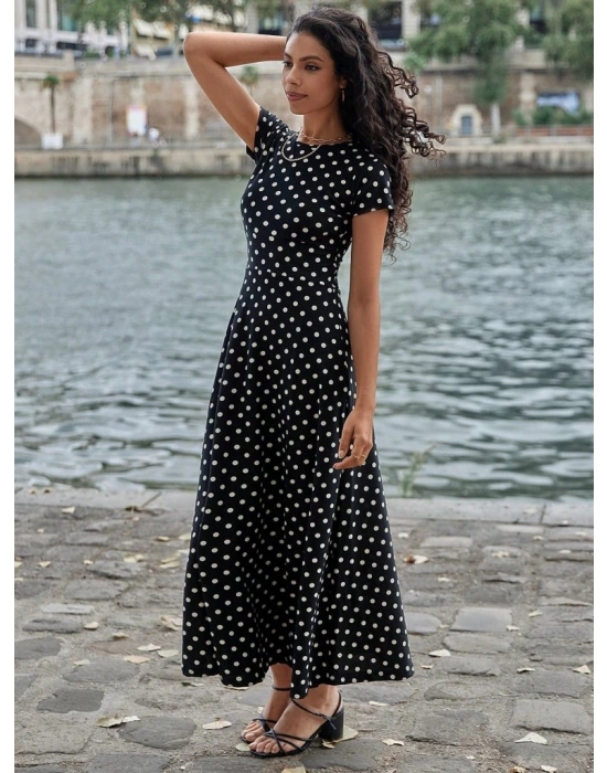 Kadın Kısa Kollu Bisiklet Yaka Puantiyeli Maksi örme Krep Elbise