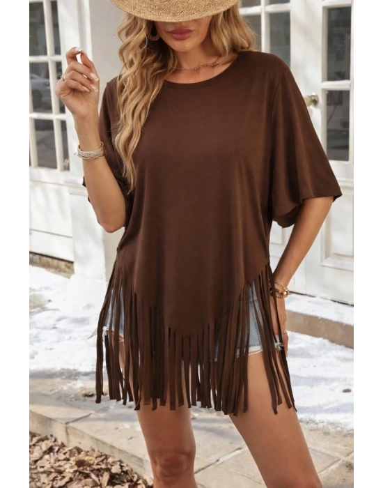 Kadın Kısa Kollu Bisiklet Yaka Püsküllü Viskon Bluz