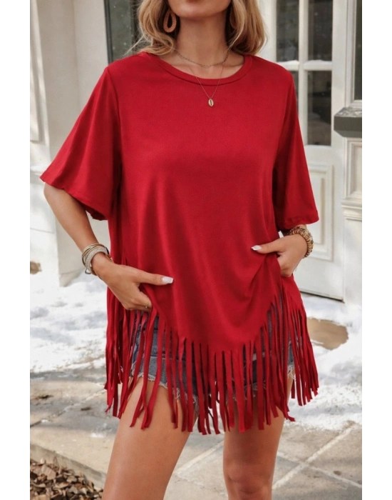 Kadın Kısa Kollu Bisiklet Yaka Püsküllü Viskon Bluz