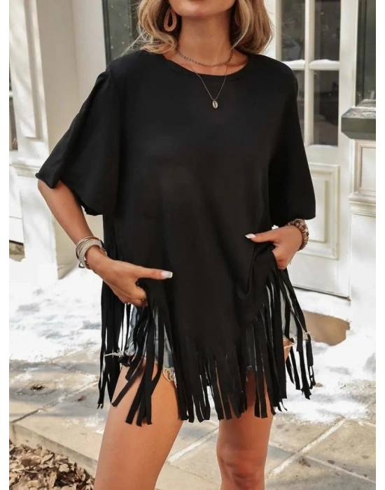 Kadın Kısa Kollu Bisiklet Yaka Püsküllü Viskon Bluz