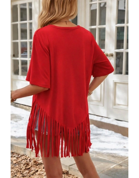 Kadın Kısa Kollu Bisiklet Yaka Püsküllü Viskon Bluz